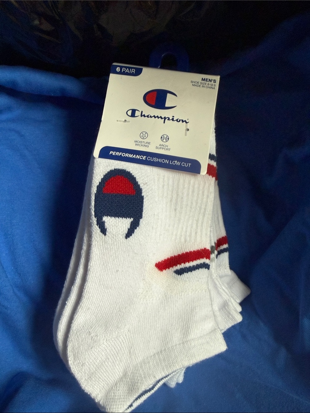 Champion White Low-Cut Athletic Socks with Red and Navy Accents - 6 Pair